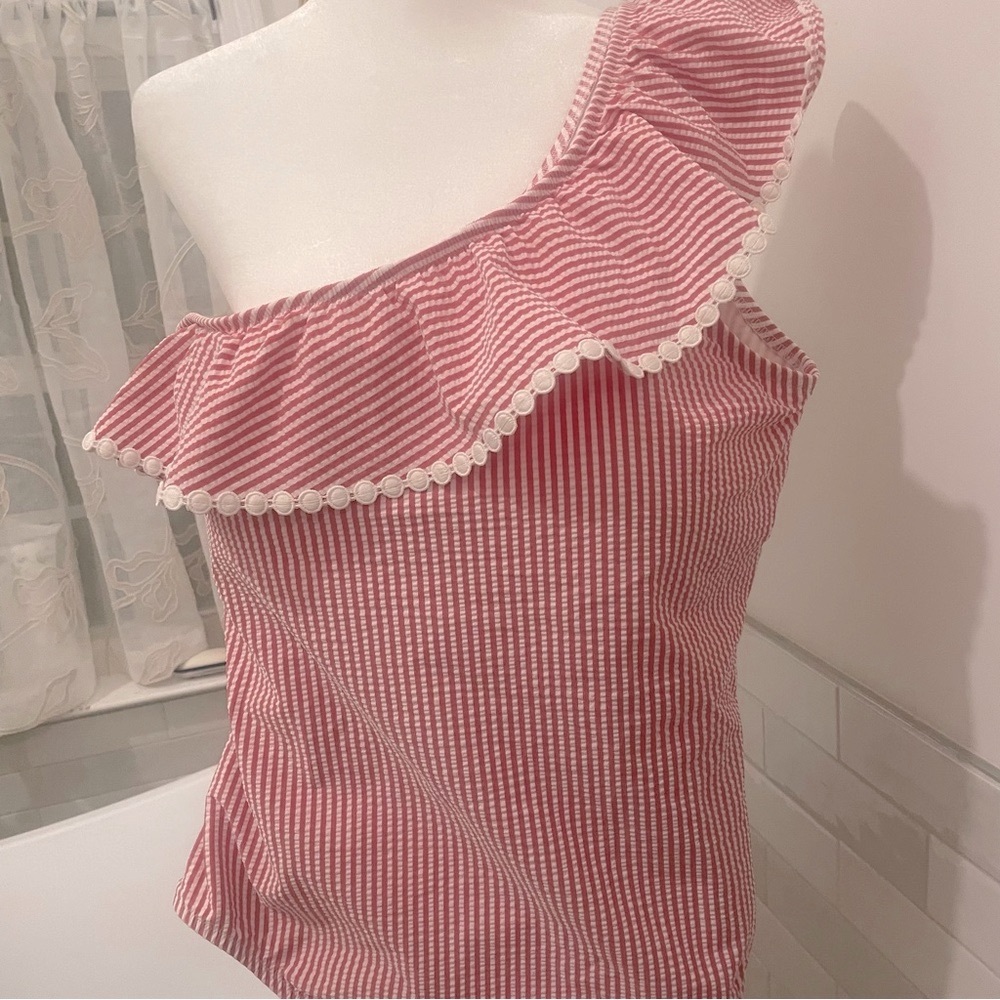 J. CREW Swimsuit One-shoulder Ruffle One-Piece in Seersucker Size 14 - Picture 5 of 14